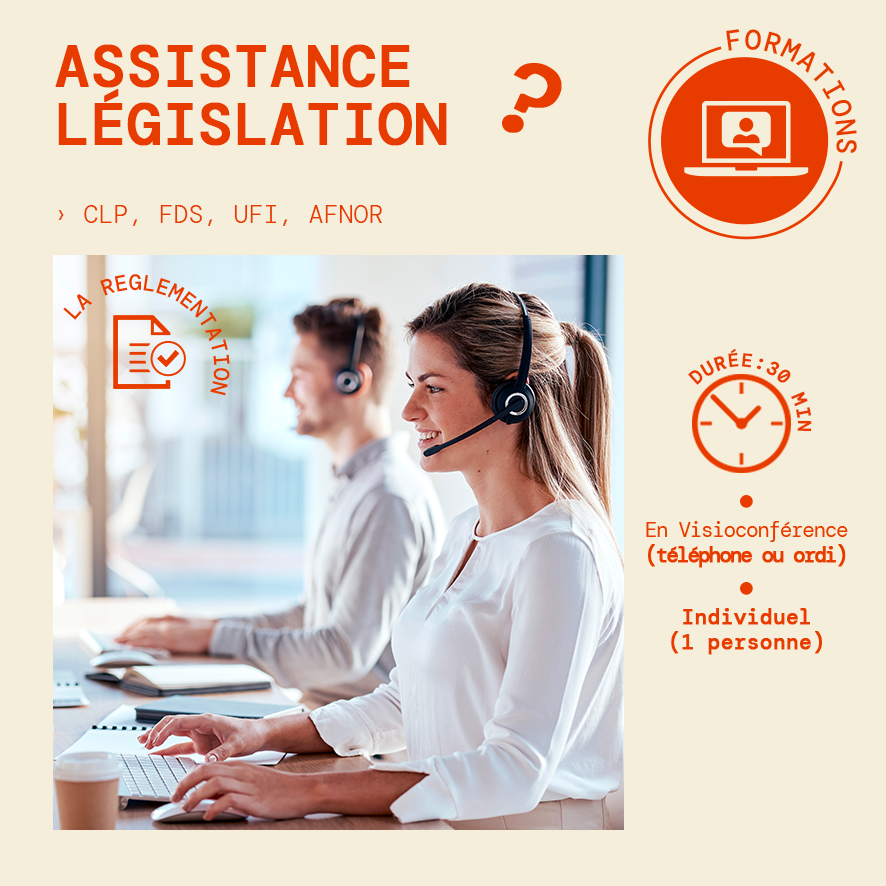 Assistance Législation: CLP FDS UFI AFNOR (30 minutes) - Formations & Assistances à la bougie